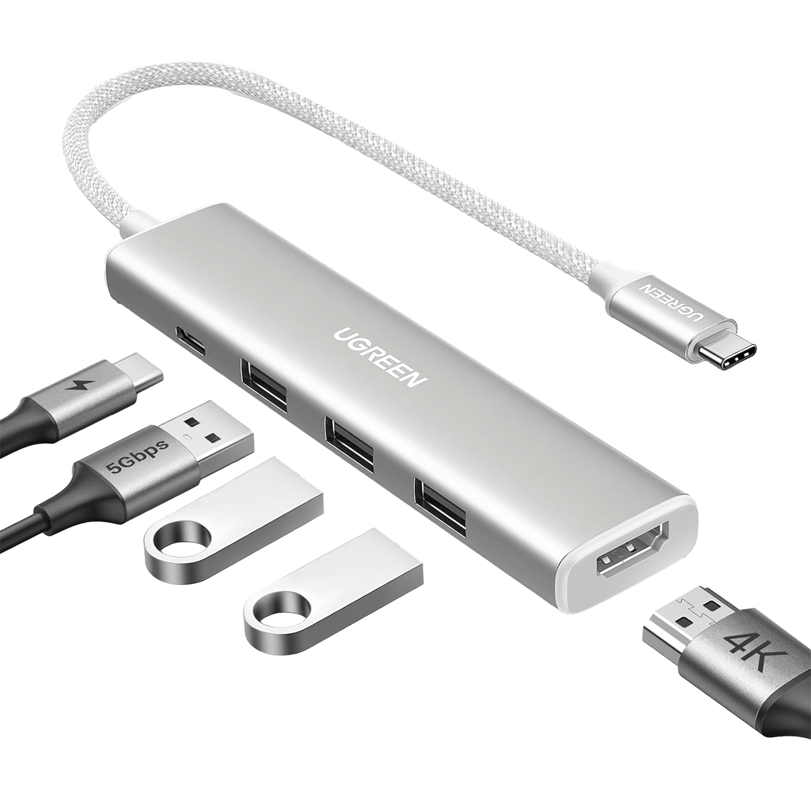 HUB USB-C (Docking Revodok) 5 en 1 | HDMI 2.0 4K@30Hz | 3 USB-A 3.0 (5Gbps) | USB-C PD Carga 100W | Chip de Última Generación | Cable de Nylon Trenzado de 25 cm | Carcasa de Aluminio | Color Blanco.