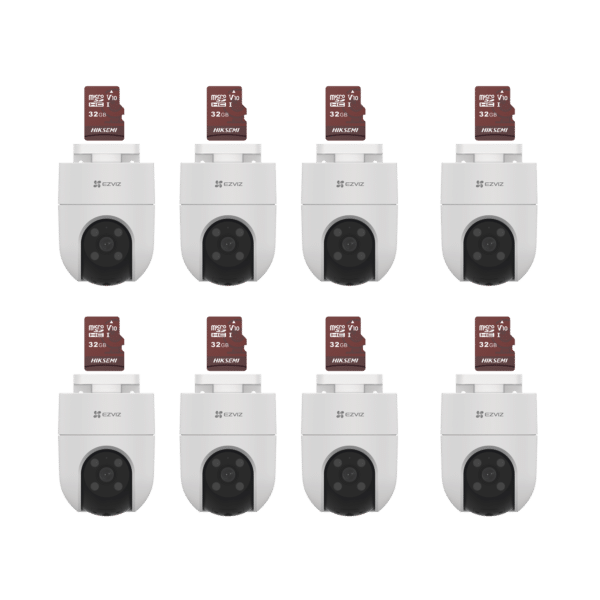 Kit de Camaras WiFi, Incluye 8 Piezas CS-H8C y 8 Piezas HS-TF-E1/32G / Audio de Dos Vías / Detección de Movimiento /  Luz Blanca / Sirena  /  Uso en Exterior con Protección