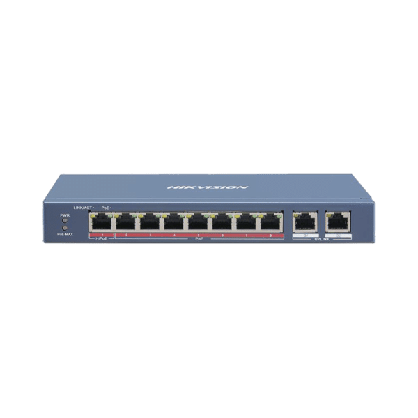 Switch PoE+ / No Administrable / 6 Puertos 10/100 Mbps 802.3 af/at (30 W) / 1 Puerto 10/100 Mbps Hi-PoE (90 W)  / 2 Puertos 1000 Mbps Uplink / Modo Extendido hasta 300 Metros / 110 Watts