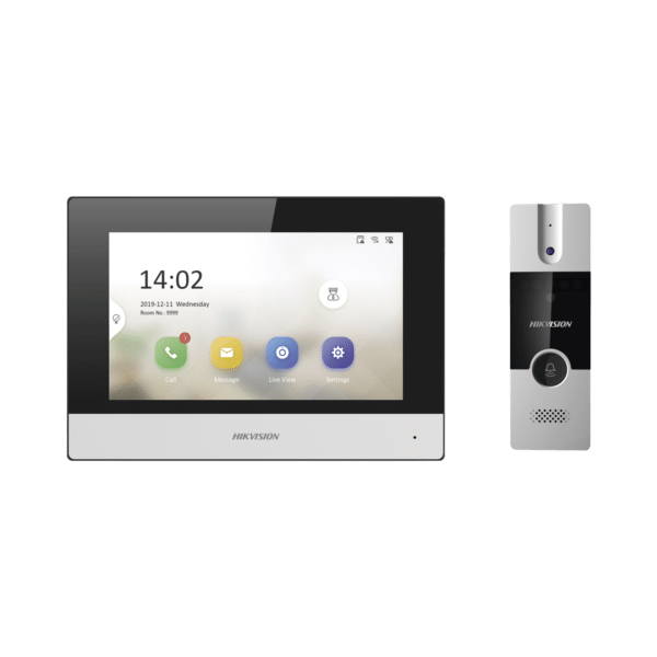 Kit de Videoportero Híbrido de Plastico / IP a 4 Hilos con Función de Llamada a App Hik-Connect / Monitor se Conecta a Internet por Cable o WiFi y por 4 Hilos al Frente de Calle / Expandible a Mas Equipos