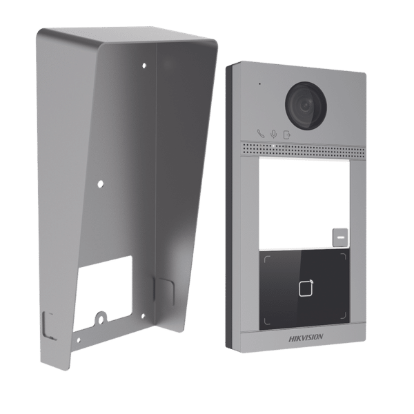 Kit Videoportero + Carcasa protectora IP 2 Megapixel / Llamada y Apertura Remota desde App Hik-Connect / PoE / Exterior IP65 + Antivandalico IK08 / 1 Departamento / Apertura con Tarjeta / Soporta 2 Puertas y hasta 6 Monitores