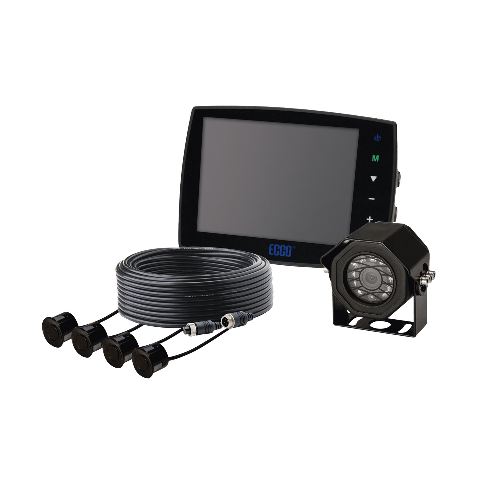 Sistema alámbrico de cámara y monitor de 5.6” con sensores de reversa