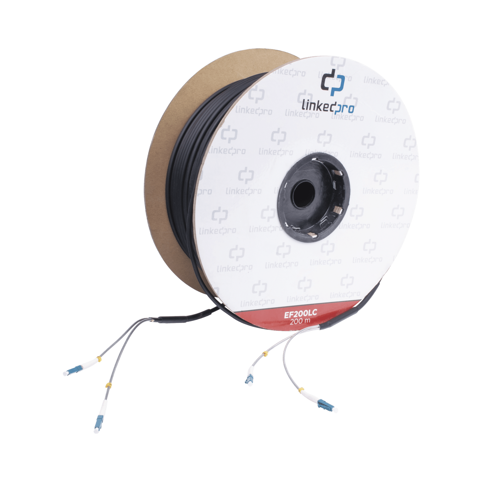 Carrete de Fibra Óptica Monomodo con conectores LC-LC Duplex, Reforzada con Kevlar, de 200 metros, Para instalaciones subterráneas por tubería