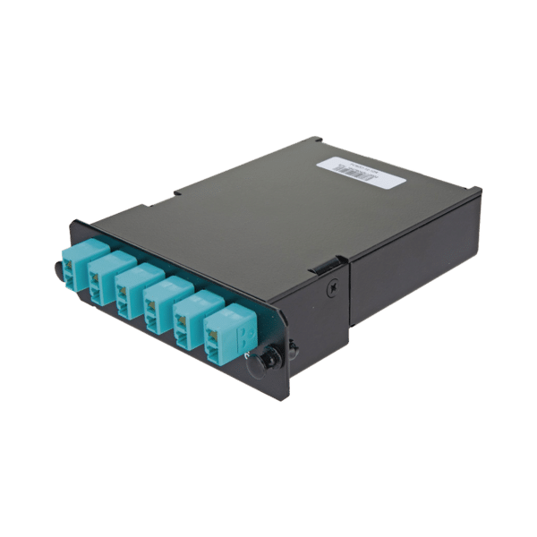 Placa Acopladora de Fibra Óptica FAP, Con 12 Pigtails y 6 Conectores LC Duplex (12 Fibras), Para Fibra Multimodo OM3/OM4, Color Aqua