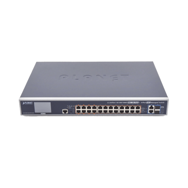 Switch Administrable L3, 24 puertos Gigabit PoE 802.3bt, 2 puertos 10G SFP+, Pantalla Tactil, Fuente Redundante, (600W)