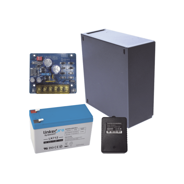 Kit con fuente PLB2 con salida de 12 Vcc a 2.5 Amper, incluye transformador y batería de 12 V a 7 Amper