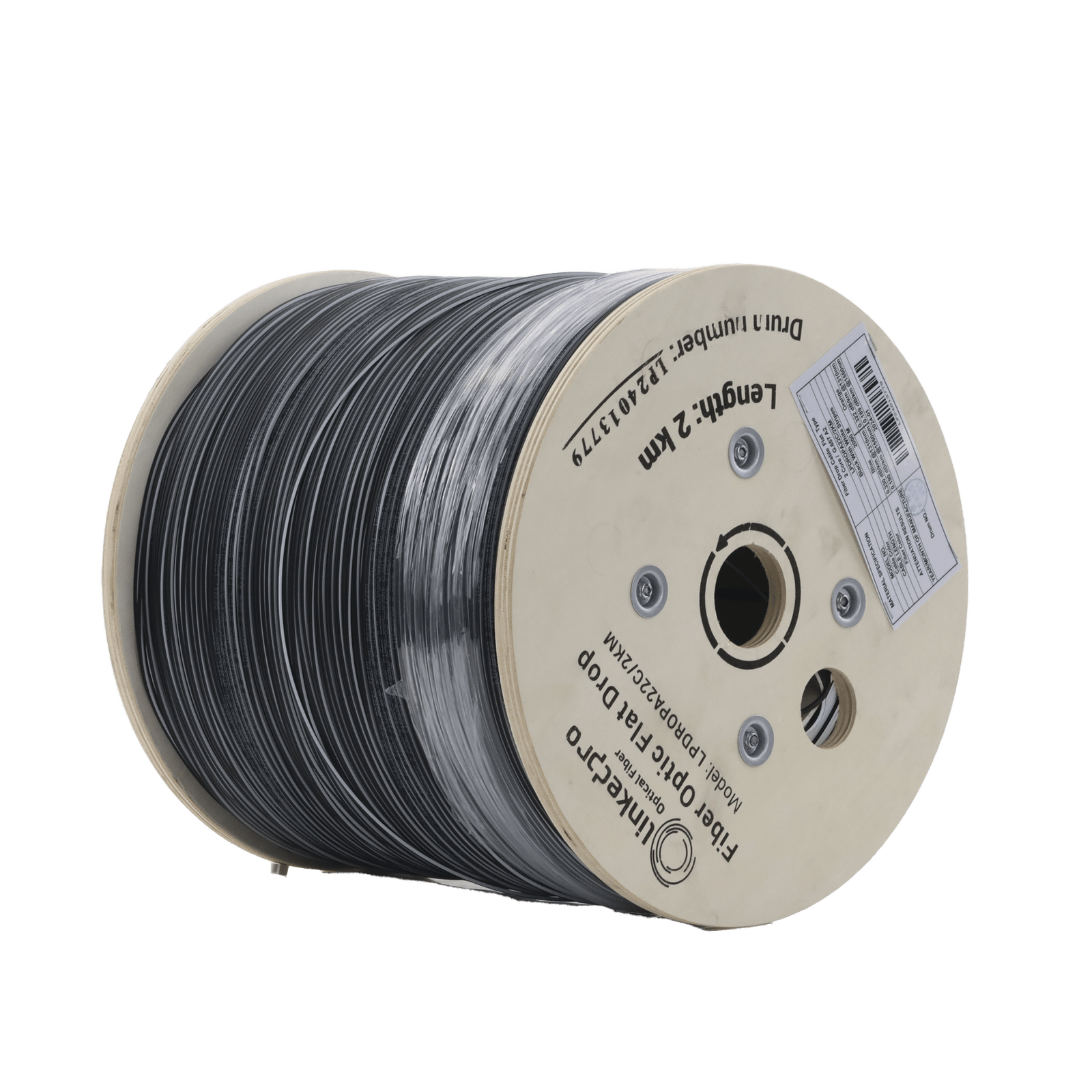 Carrete de 2 km de Fibra Óptica Drop Plana, Interior/Exterior G.657A2 Monomodo de 2 hilos (bifibra), Dieléctrica, Forro Negro, (No Soporta Conectores Mecánicos)