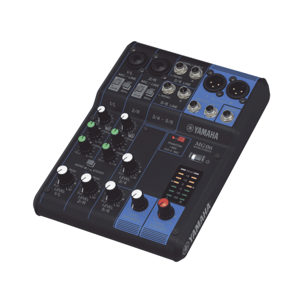 Mezcladora de Audio | 6 Canales | 2 entradas de micro/6 de línea (2 mono + 2 estéreo) | Alimentación Phantom