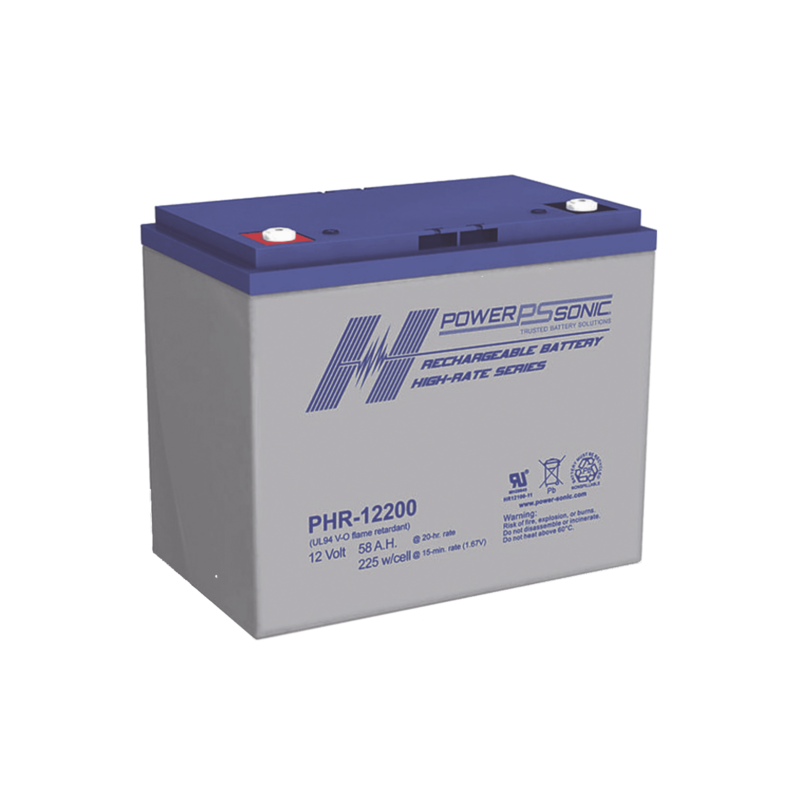 Batería 12V, 58AH, Para Respaldo, Serie PHR, Tecnologías AGM/VRLA, 5 Años Vida Útil, Terminales M6, Reconocida UL