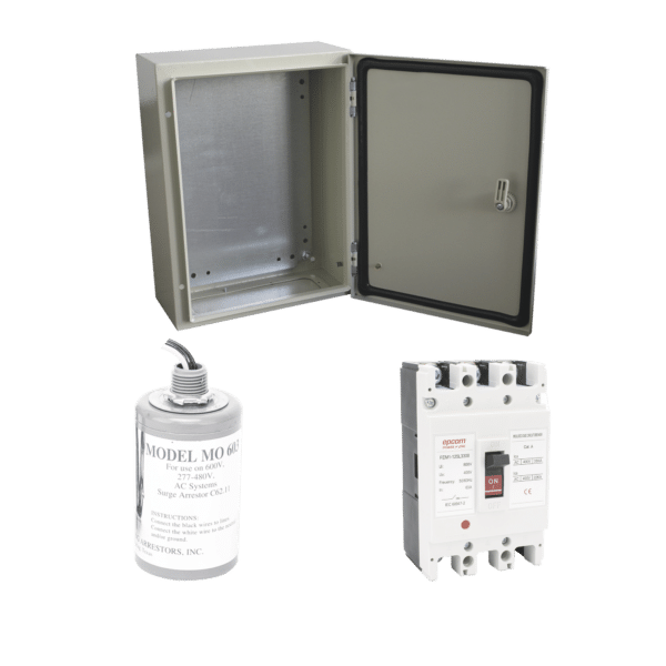 Kit de Centro de Carga Trifasico Para Corriente Alterna, Breaker de hasta 690 Vc de 100 A con Supresor de Descargas Atmosféricas.