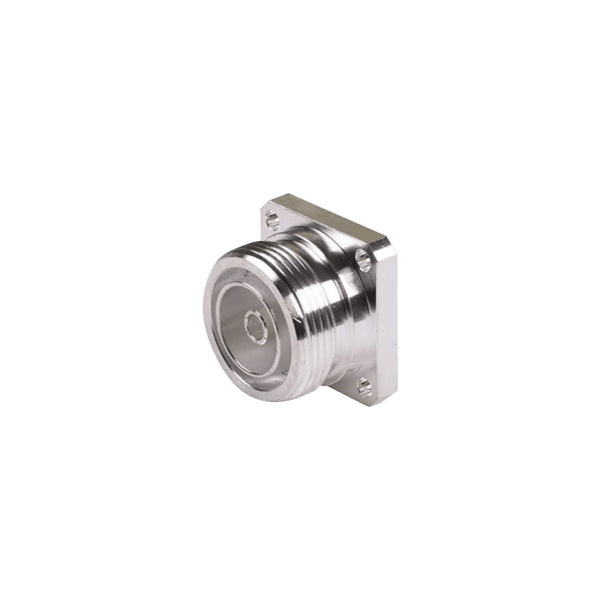 Conector DIN 7-16 Hembra, Tipo Flange de 4 Hoyos para Panel y Copa Soldable.