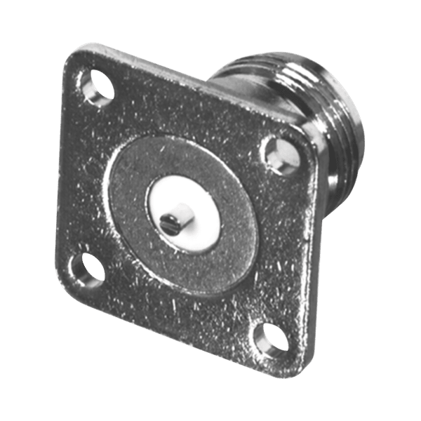 Conector N Hembra de Montaje en Panel Frontal de 4 Perforaciones a 18 mm. con Contacto Ranurado, Níquel/ Oro/ Teflón.
