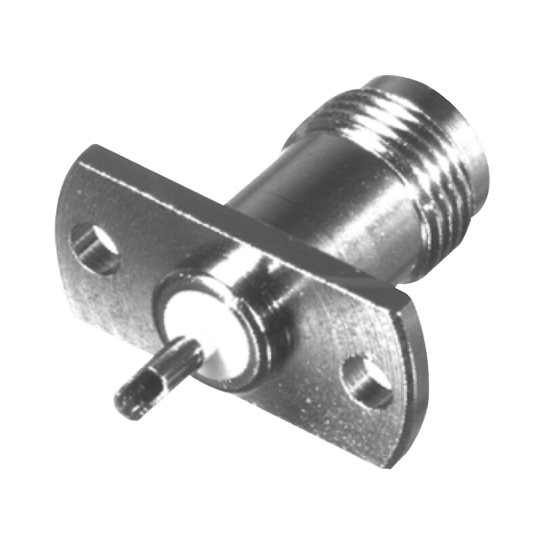 Conector TNC Hembra para Chasis de 2 Perforaciones de 18 mm, Terminal Soldable, Níquel/ Oro/ Teflón.