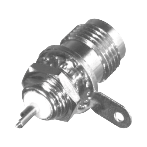 Conector TNC Hembra para Chasis, Montaje Frontal D-Plano, BeCu Soldable, Níquel/ Oro/ Teflón.