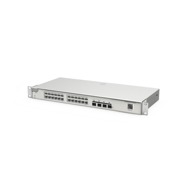 Switch Administrable Capa 2+ Plus, con 24 puertos Gigabit, 4 puertos SFP+ para fibra 10Gb, gestión gratuita desde la nube.