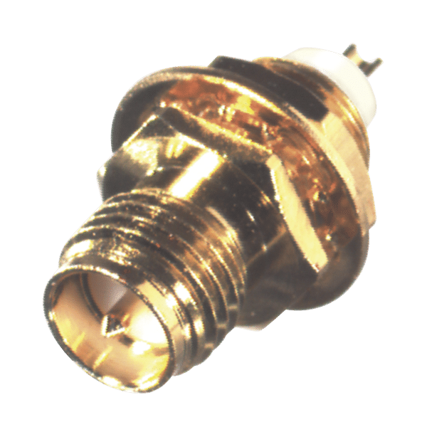 Conector SMA Hembra Inverso de Montaje Frontal en Panel, D-Plano, Soldable, Oro/ Oro/ Teflón.