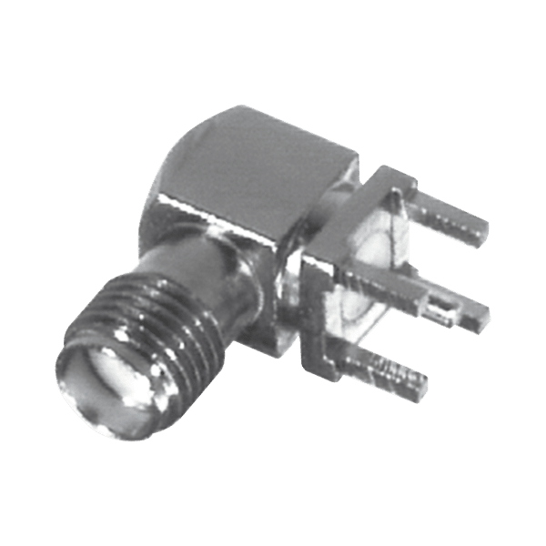 Conector SMA Hembra en Ángulo Recto con Terminal y 4 Patas para Montaje PCB, Níquel/ Oro/ Teflón.�??