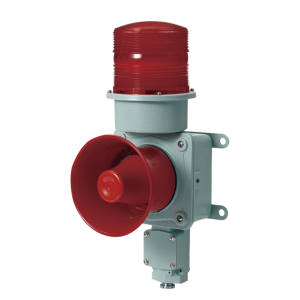 Combinación de baliza LED color roja con sirena electrónica para aplicaciones de la industria pesada  máx.120 dB a 24 VCD