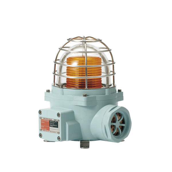 Luz LED color Ámbar de advertencia con patrón de destello flasheante/fijo para zonas peligrosas con buzzer incluido a 105 dB. de 120 VCA