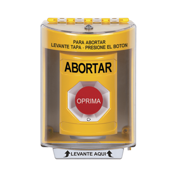 Botón de Abortar, Texto en Español, Tapa Protectora de Policarbonato Súper Resistente, Girar para restablecer