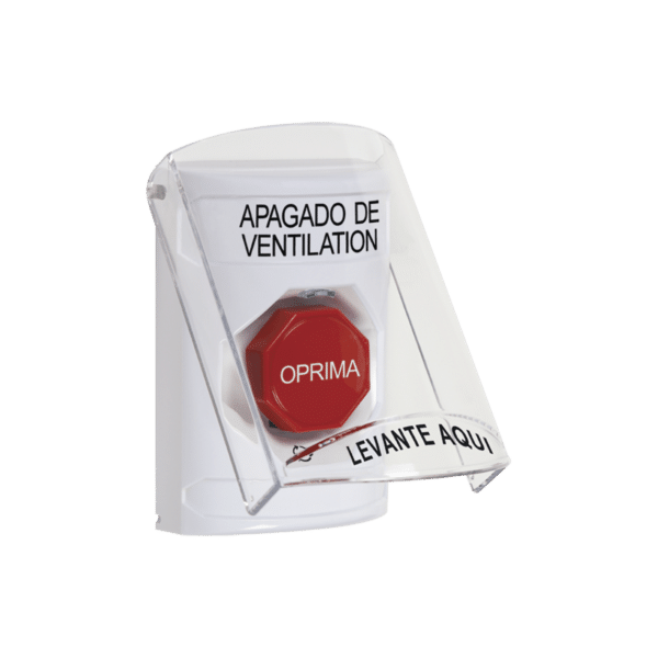 Botón de Apagado de Ventilación, Texto en Español, Tapa Protectora de Policarbonato Súper Resistente, Girar para restablecer