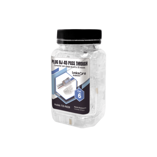 Bote con 50 Plugs Pass through RJ45 Cat6 sin blindaje, con alivio de tensión incluido, chapado de oro a 30 micras para durabilidad extrema