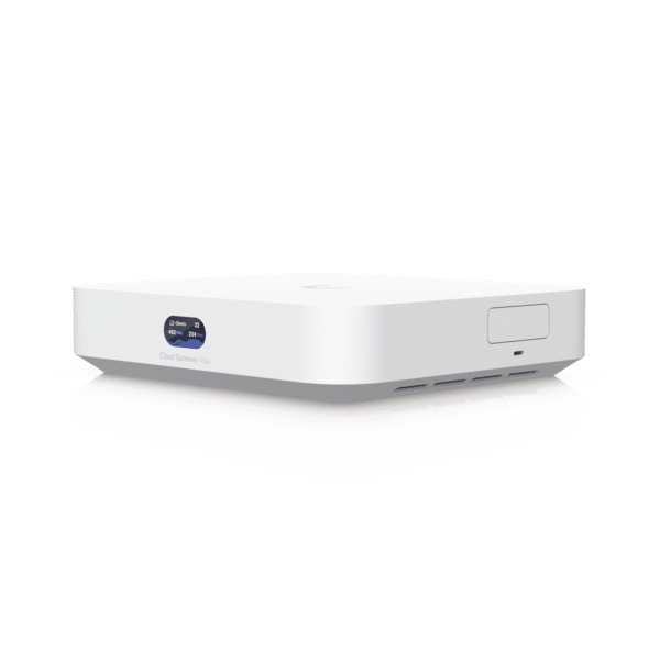 UniFi Cloud Gateway MAX, Router con todos los servicios UniFi, administra hasta 30 dispositivos UniFi y 300 clientes. 1 pto WAN 2.5G, 4 pts LAN 1G (uno configurable como WAN), seguridad IDS/IPS, VPN, bloqueo de apps/URLs, 512 GB memoria interna