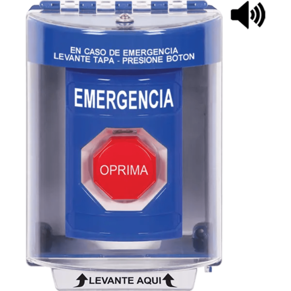 ?Botón Multipropósito, Color Azul, De Superficie con Espaciador, C/Tapa De Policarbonato, C/Bocina Pre Alarma, Interior/Exterior, Llave Para Restablecer, Texto De Emergencia, Español