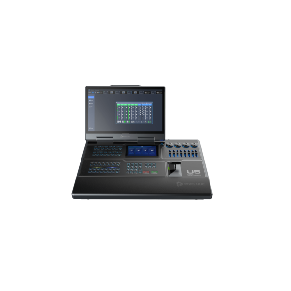 Controlador de Eventos Compacto U5 / Pantalla Táctil Principal 21.5" / Pantalla Inteligente 8" / 87 Botones LCD Programables / 4 Encoders y 8 Faders / Control MIDI y KVM / Diseño Plegable / Software PixelFlow / HDMI 2.0 / 12G-SDI /
