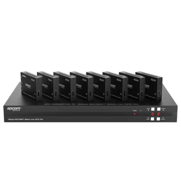 Matriz HDMI 8x8 | 4K@60Hz 4:4:4 | 8 Salidas HDMI + 8 CAT | Extensión hasta 70 m | Audio HD | Control IR/LAN/RS-232/Web GUI