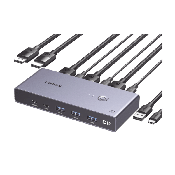 Conmutador KVM DisplayPort 8K | DP 1.4 | 2 Entradas 1 Salida | 4 Puertos USB 3.0 (3 USBA *1 USBC) | Soporta 8K@60Hz | HDR | Control de Escritorio | Carcasa de Aluminio | Indicador Led | Compatible Win, MacOs y Linux.