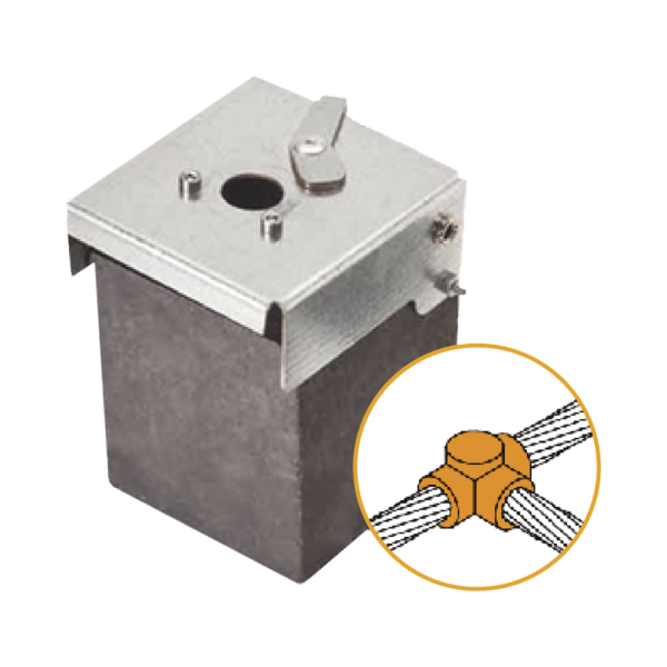 Molde de grafito horizontal unión en T horizontal de cable 2/0 AWG (pasante) con cable 2/0 AWG (terminal).