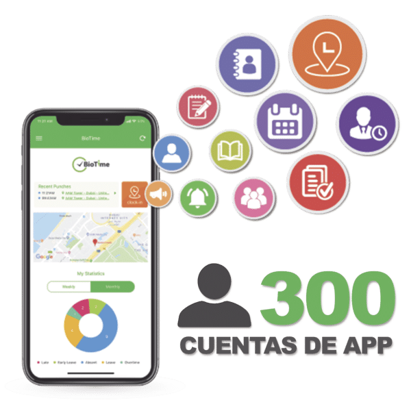 Licencia para realizar checadas de asistencia desde Smartphone (APP) con envío de fotografía y ubicación por GPS / Compatible con BIOTIMEPRO / Licencia para 300 usuario