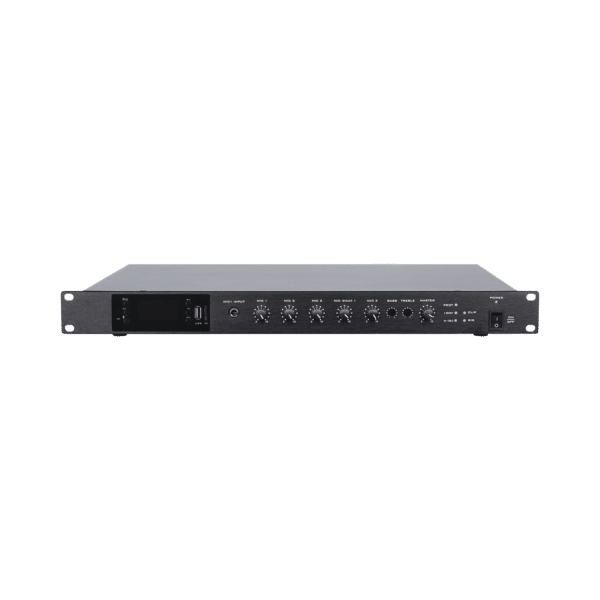 Amplificador de Audio | 1 canal | 350 W | Sistema 100V y Baja Impedancia | 4 Entradas de Micrófono Balanceadas | Bluetooth | USB | SD | FM | Montaje en Rack