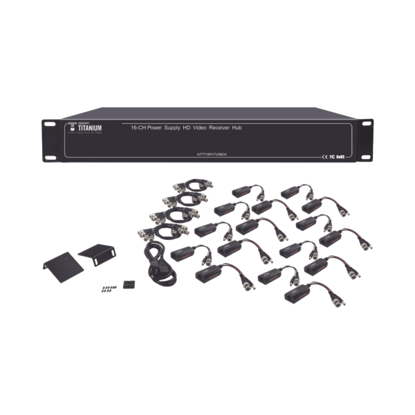 Kit de TRANSCEPTOR ACTIVO DE 16 Canales / VIDEO+PODER en un solo Cable UTP / 150m en 4K, 200m en 5 MP/ Envía 36 Vcc y recibe 12 Vcc / TODO INCLUIDO PARA RACK / Compatible con cámaras HD-TVI/CVI/AHD/CVBS / Instalación Limpia