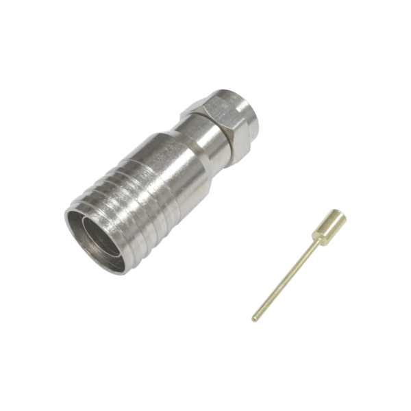 Conector F Macho en 75 Ohm, Plegable para Instalar en Cables Coaxiales RG-11, Cuerpo de Bronce-Niquelado/ Teflón.