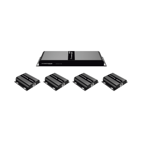 Kit Divisor y Extensor HDMI (Extender Splitter)  / Divide 1 Fuente HDMI a 4 Pantallas / Extiende la señal HDMI hasta 120 m / Resolución 1080P @ 60 Hz / Cat 6/6a / Soporta IR / Baja Latencia / Uso24/7 / Alimente solo el Tx (PoC).