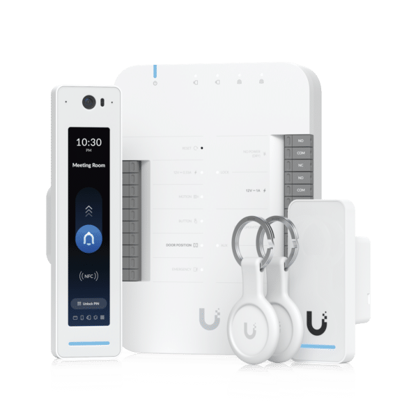 UniFi Access Kit de Inicio Gen2 Profesional para 1 puerta, (1) Lector NFC con pantalla táctil, audio 2 vías y cámara / (1) Lector NFC y de movimiento UA-G2 / Hub para conexiones para controlar una puerta con salida POE y energizar acc