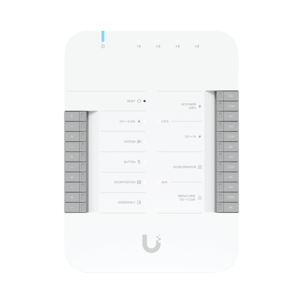UniFi Access Hub Door, puede conectar 2 lectores y 2 cámaras (no incluidos) para controlar solo una puerta / 2 terminales AUX y 4 entradas adicionales (sensores y botones) POE 802.3bt no incluido