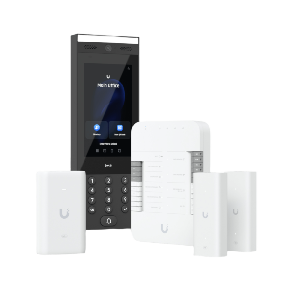 Kit de Inicio para Control de Puerta Vehicular / Intercomunicador / Desbloqueo NFC, QR, PIN, app móvil, solicitud de apertura a contacto de agenda, reconocimiento de Placas (al emparejar con una cámara UniFi AI) / Incluye HUB, Intercom, Adap